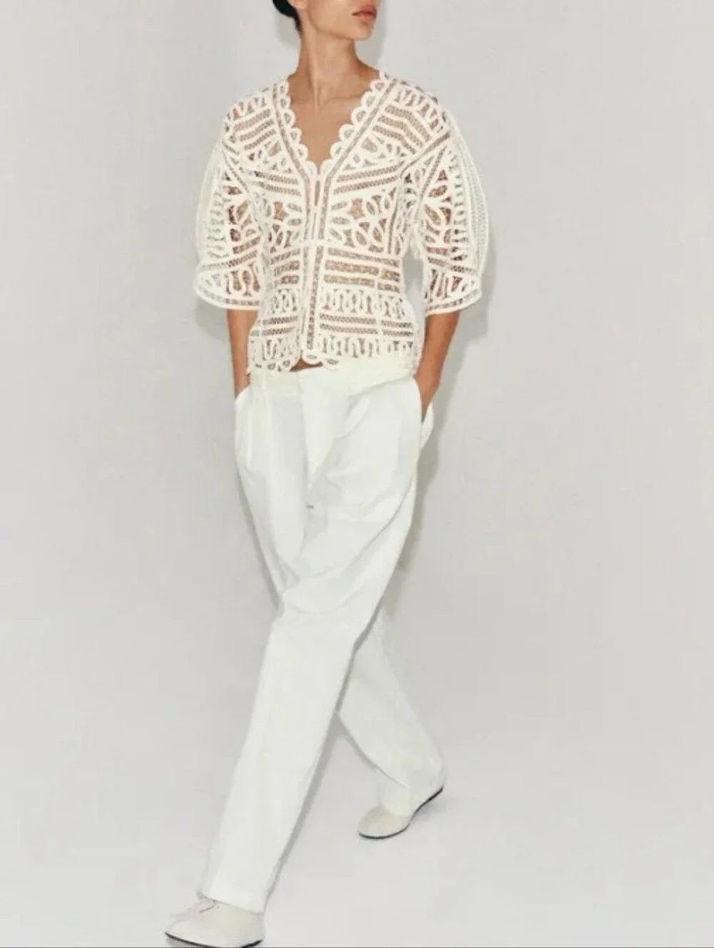 Zara Zw Collection Sheer Lace Crochet Short-Sleeve Top in Cream Sz-M